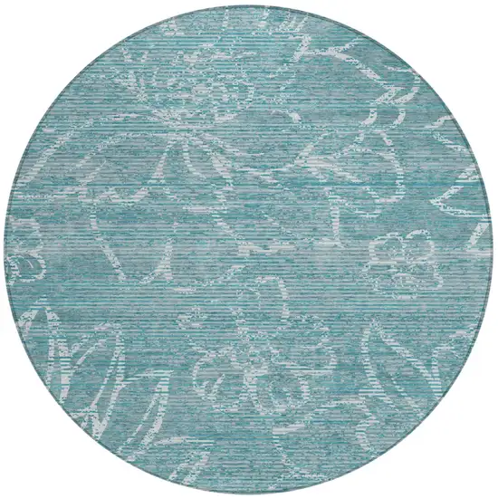 8' Teal Blue And Blue Round Floral Washable Indoor Outdoor Area Rug Photo 2