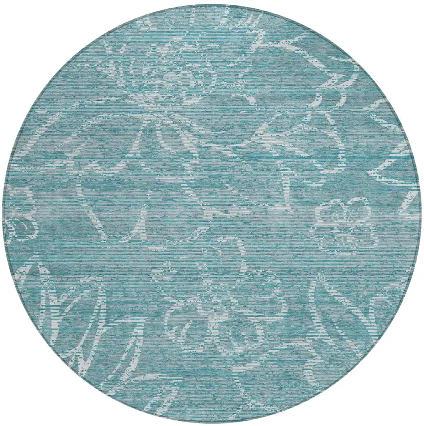 8' Teal Blue And Blue Round Floral Washable Indoor Outdoor Area Rug Photo 2