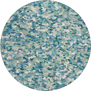 Photo of 8' Teal Blue And Blue Round Geometric Washable Indoor Outdoor Area Rug