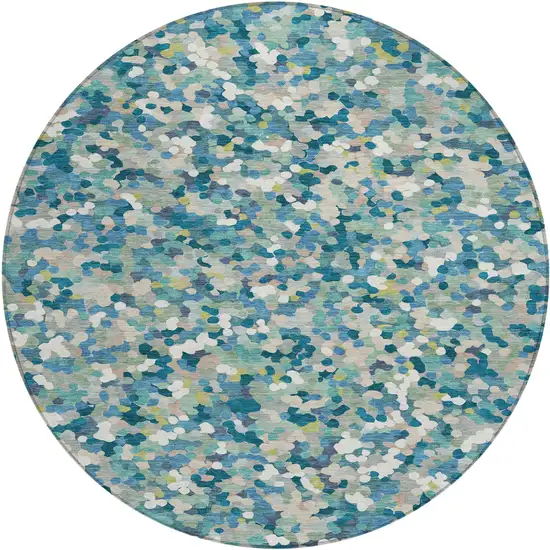 8' Teal Blue And Blue Round Geometric Washable Indoor Outdoor Area Rug Photo 1