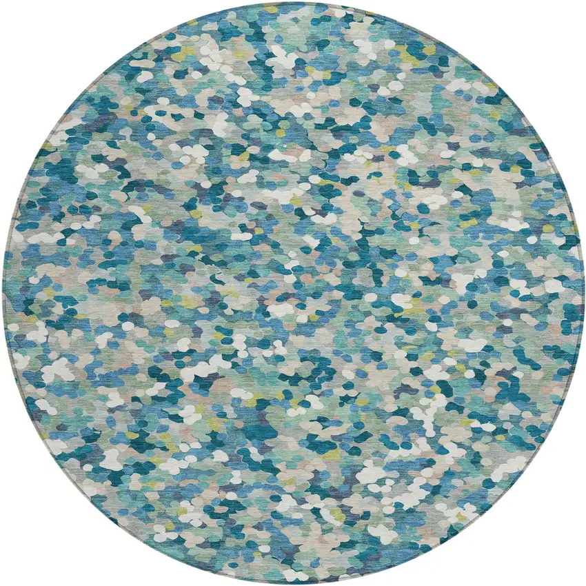 8' Teal Blue And Blue Round Geometric Washable Indoor Outdoor Area Rug Photo 1