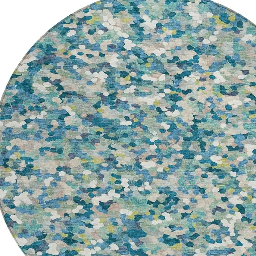 8' Teal Blue And Blue Round Geometric Washable Indoor Outdoor Area Rug Photo 2