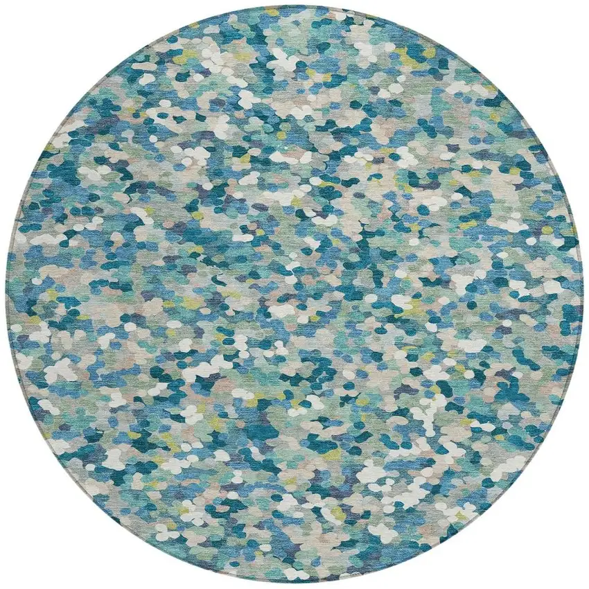 8' Teal Blue And Blue Round Geometric Washable Indoor Outdoor Area Rug Photo 3