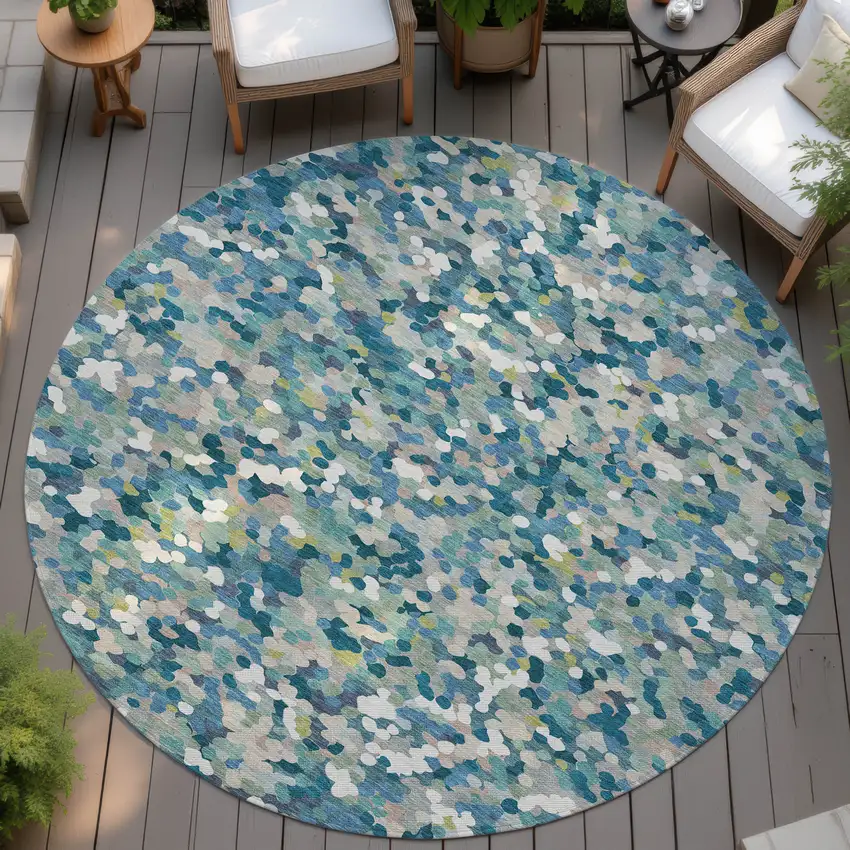 8' Teal Blue And Blue Round Geometric Washable Indoor Outdoor Area Rug Photo 4