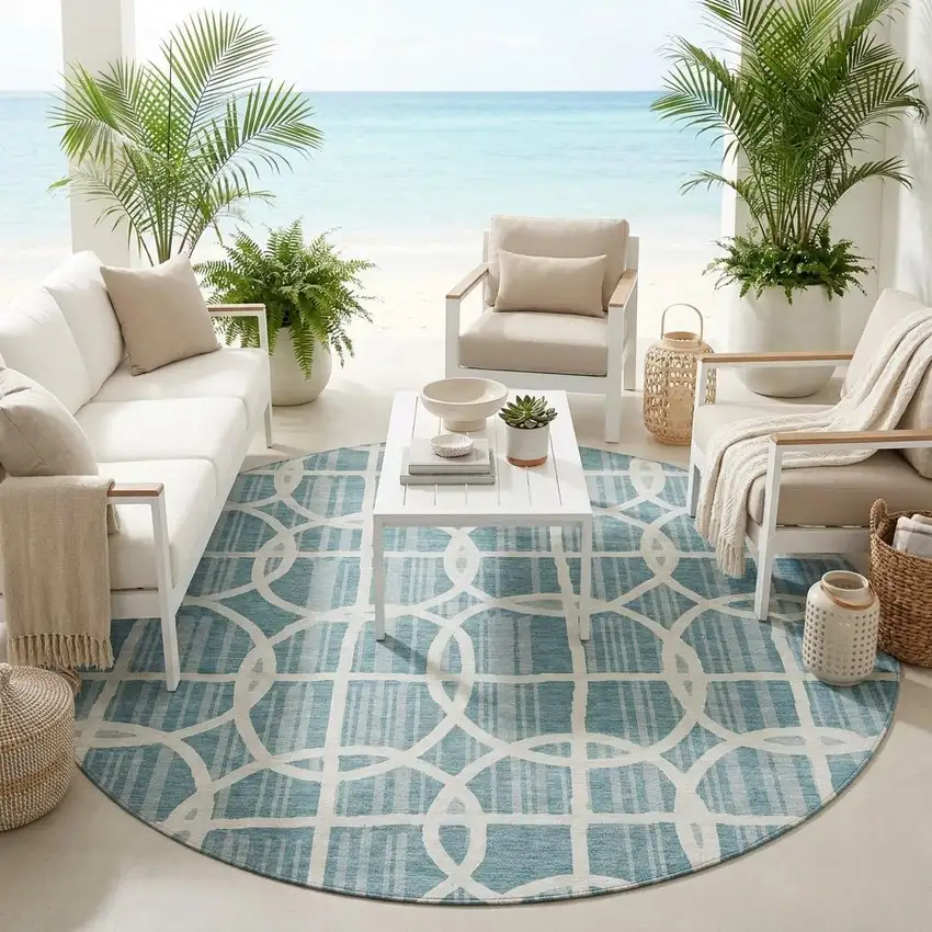 8' Teal Blue And Blue Round Geometric Washable Indoor Outdoor Area Rug Photo 1