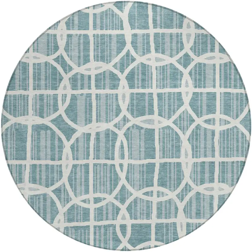 8' Teal Blue And Blue Round Geometric Washable Indoor Outdoor Area Rug Photo 2