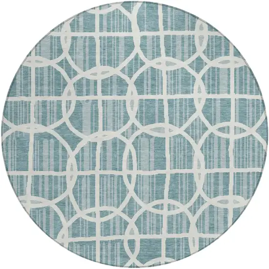 8' Teal Blue And Blue Round Geometric Washable Indoor Outdoor Area Rug Photo 2