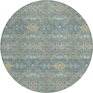 Photo of 8' Teal Blue And Blue Round Oriental Washable Indoor Outdoor Area Rug