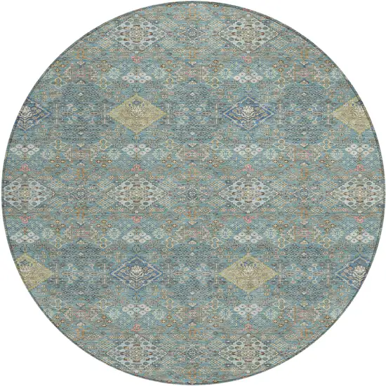 8' Teal Blue And Blue Round Oriental Washable Indoor Outdoor Area Rug Photo 1