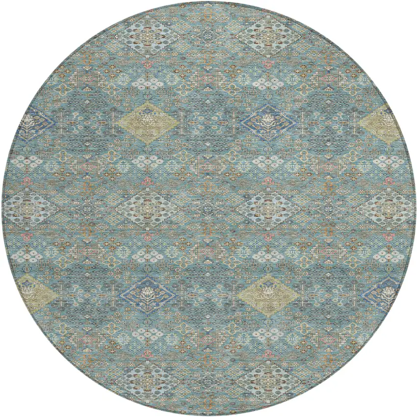 8' Teal Blue And Blue Round Oriental Washable Indoor Outdoor Area Rug Photo 1