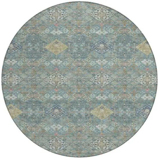 8' Teal Blue And Blue Round Oriental Washable Indoor Outdoor Area Rug Photo 3