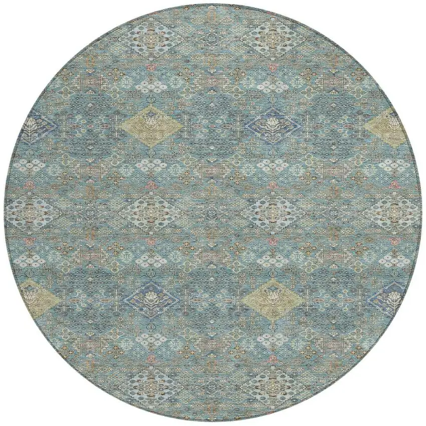 8' Teal Blue And Blue Round Oriental Washable Indoor Outdoor Area Rug Photo 3