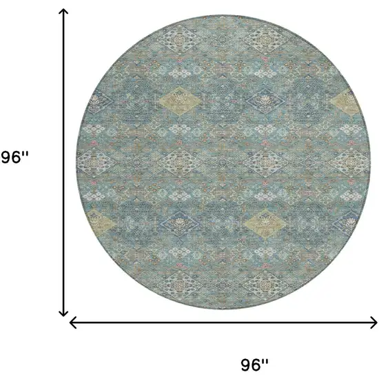8' Teal Blue And Blue Round Oriental Washable Indoor Outdoor Area Rug Photo 8