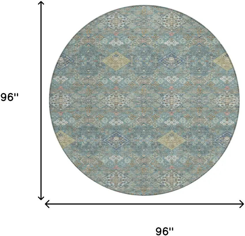 8' Teal Blue And Blue Round Oriental Washable Indoor Outdoor Area Rug Photo 8