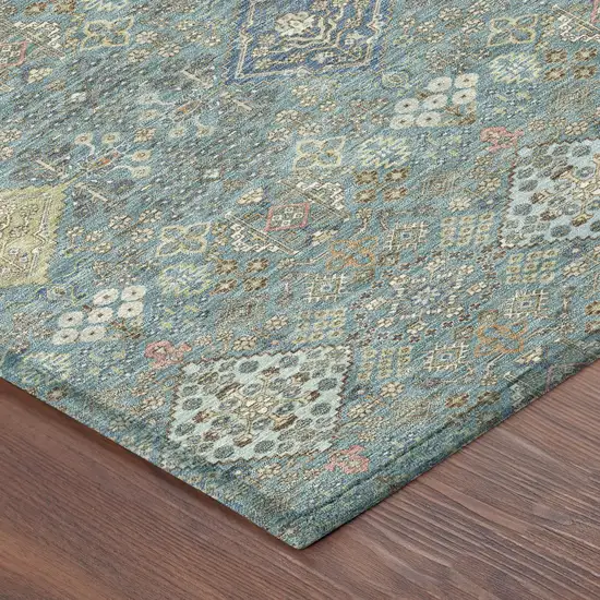 8' Teal Blue And Blue Round Oriental Washable Indoor Outdoor Area Rug Photo 6