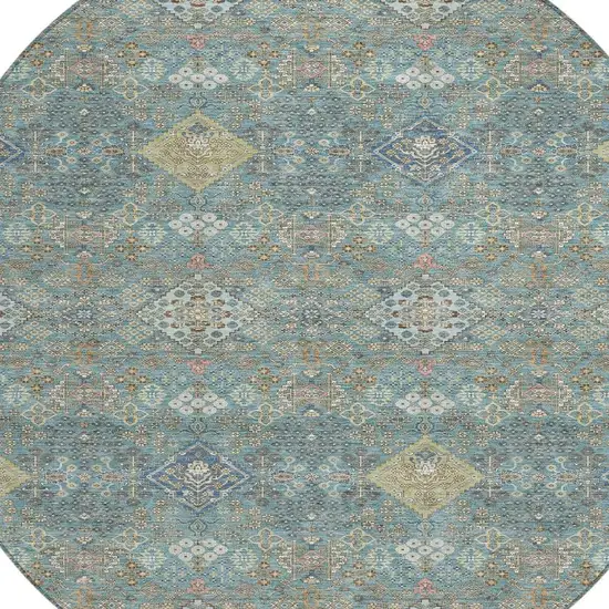 8' Teal Blue And Blue Round Oriental Washable Indoor Outdoor Area Rug Photo 2