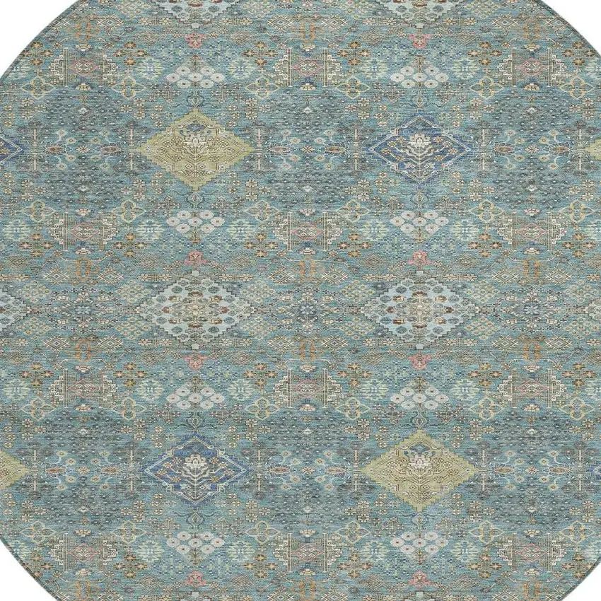 8' Teal Blue And Blue Round Oriental Washable Indoor Outdoor Area Rug Photo 2