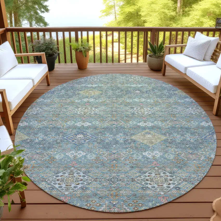 8' Teal Blue And Blue Round Oriental Washable Indoor Outdoor Area Rug Photo 4