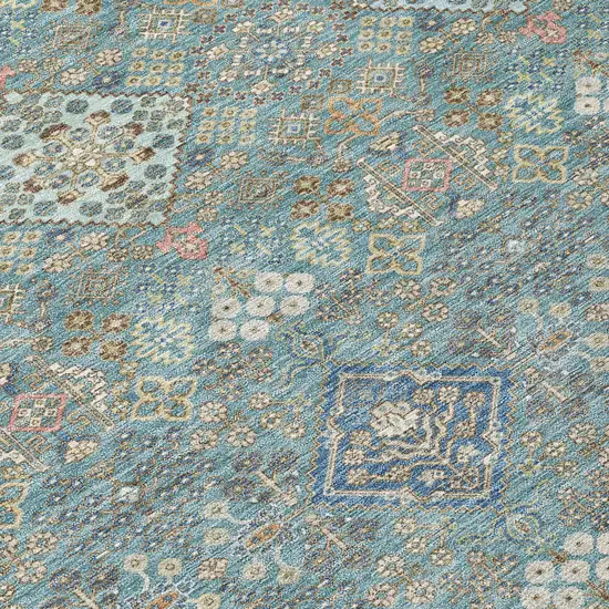 8' Teal Blue And Blue Round Oriental Washable Indoor Outdoor Area Rug Photo 7