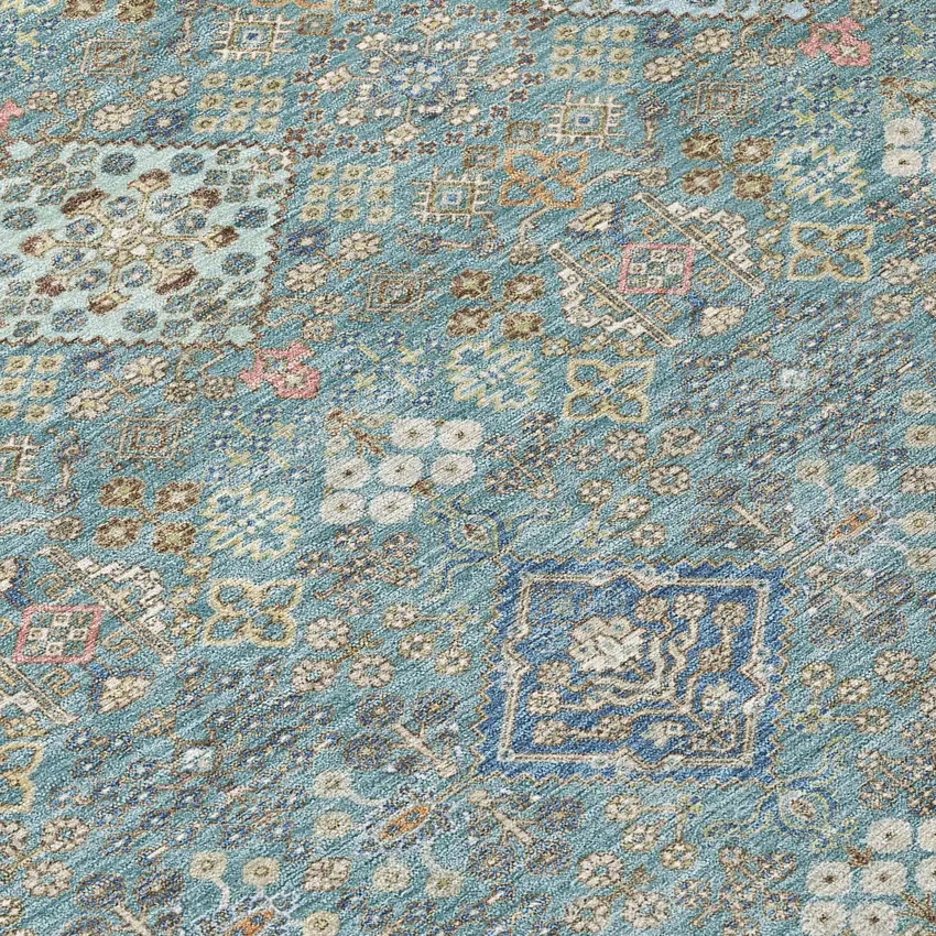 8' Teal Blue And Blue Round Oriental Washable Indoor Outdoor Area Rug Photo 7