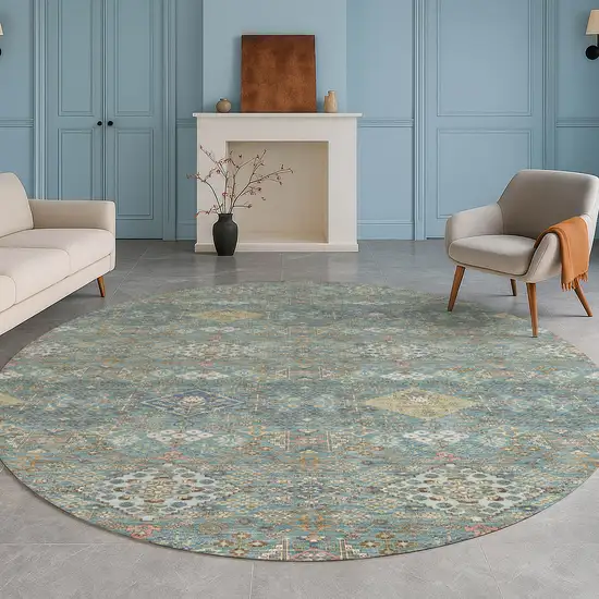 8' Teal Blue And Blue Round Oriental Washable Indoor Outdoor Area Rug Photo 5