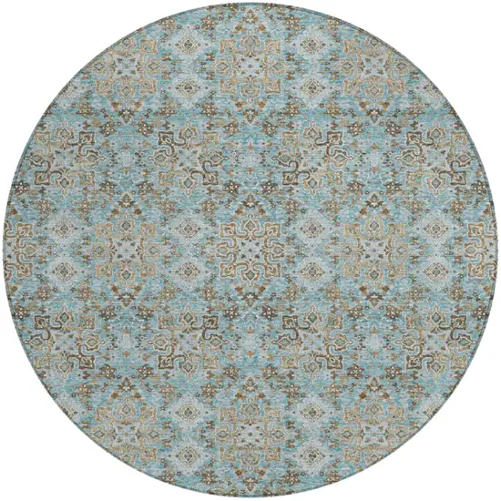 8' Teal Blue And Blue Round Oriental Washable Indoor Outdoor Area Rug Photo 2