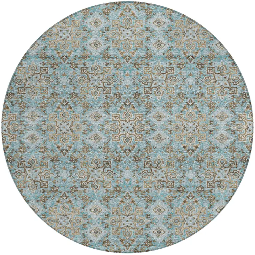 8' Teal Blue And Blue Round Oriental Washable Indoor Outdoor Area Rug Photo 2