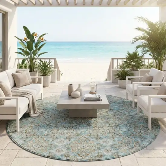 8' Teal Blue And Blue Round Oriental Washable Indoor Outdoor Area Rug Photo 1