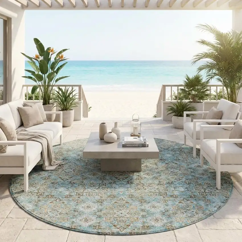 8' Teal Blue And Blue Round Oriental Washable Indoor Outdoor Area Rug Photo 1
