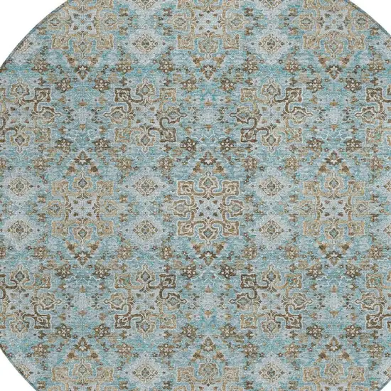 8' Teal Blue And Blue Round Oriental Washable Indoor Outdoor Area Rug Photo 3