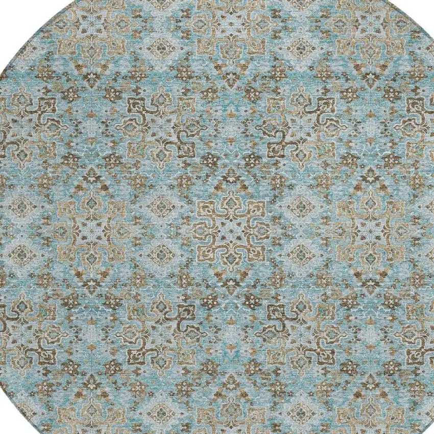 8' Teal Blue And Blue Round Oriental Washable Indoor Outdoor Area Rug Photo 3
