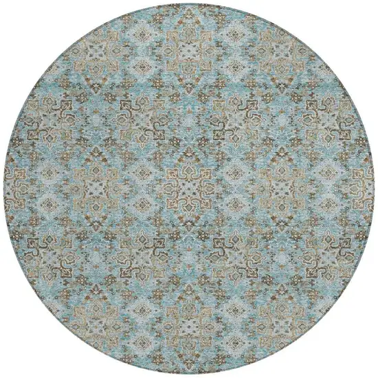 8' Teal Blue And Blue Round Oriental Washable Indoor Outdoor Area Rug Photo 4