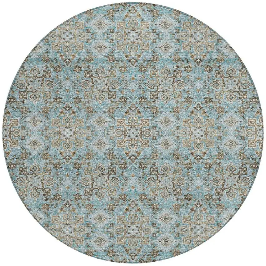 8' Teal Blue And Blue Round Oriental Washable Indoor Outdoor Area Rug Photo 4
