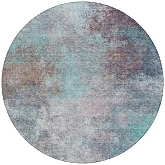 8' Teal Blue And Blush Round Abstract Washable Indoor Outdoor Area Rug Photo 3