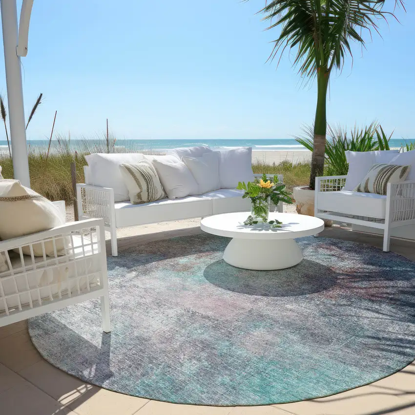 8' Teal Blue And Blush Round Abstract Washable Indoor Outdoor Area Rug Photo 5