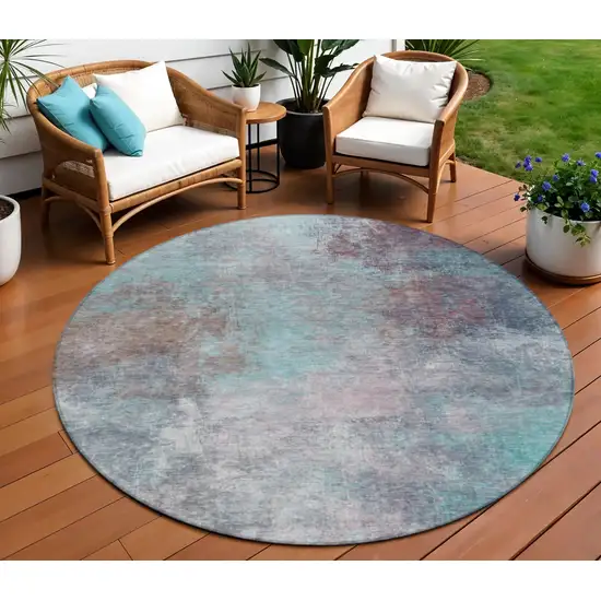 8' Teal Blue And Blush Round Abstract Washable Indoor Outdoor Area Rug Photo 2
