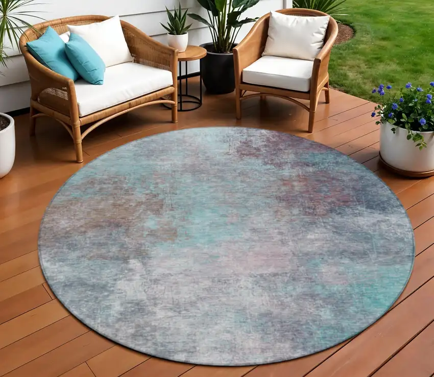 8' Teal Blue And Blush Round Abstract Washable Indoor Outdoor Area Rug Photo 2