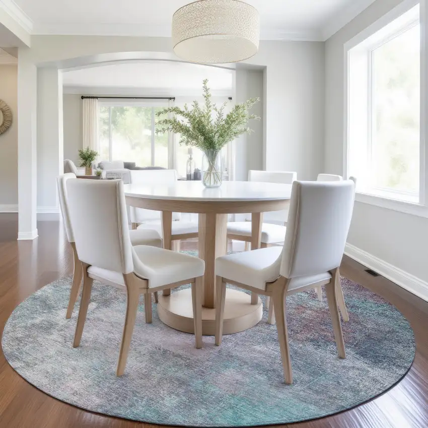 8' Teal Blue And Blush Round Abstract Washable Indoor Outdoor Area Rug Photo 6