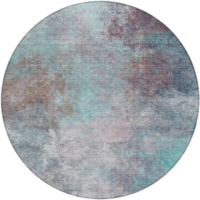 8' Teal Blue And Blush Round Abstract Washable Indoor Outdoor Area Rug Photo 1