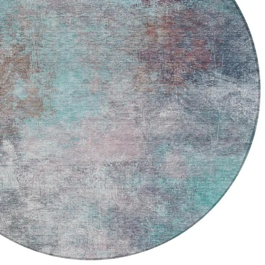 8' Teal Blue And Blush Round Abstract Washable Indoor Outdoor Area Rug Photo 4