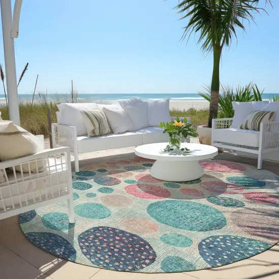 8' Teal Blue And Blush Round Geometric Washable Indoor Outdoor Area Rug Photo 5