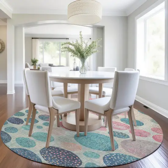 8' Teal Blue And Blush Round Geometric Washable Indoor Outdoor Area Rug Photo 6