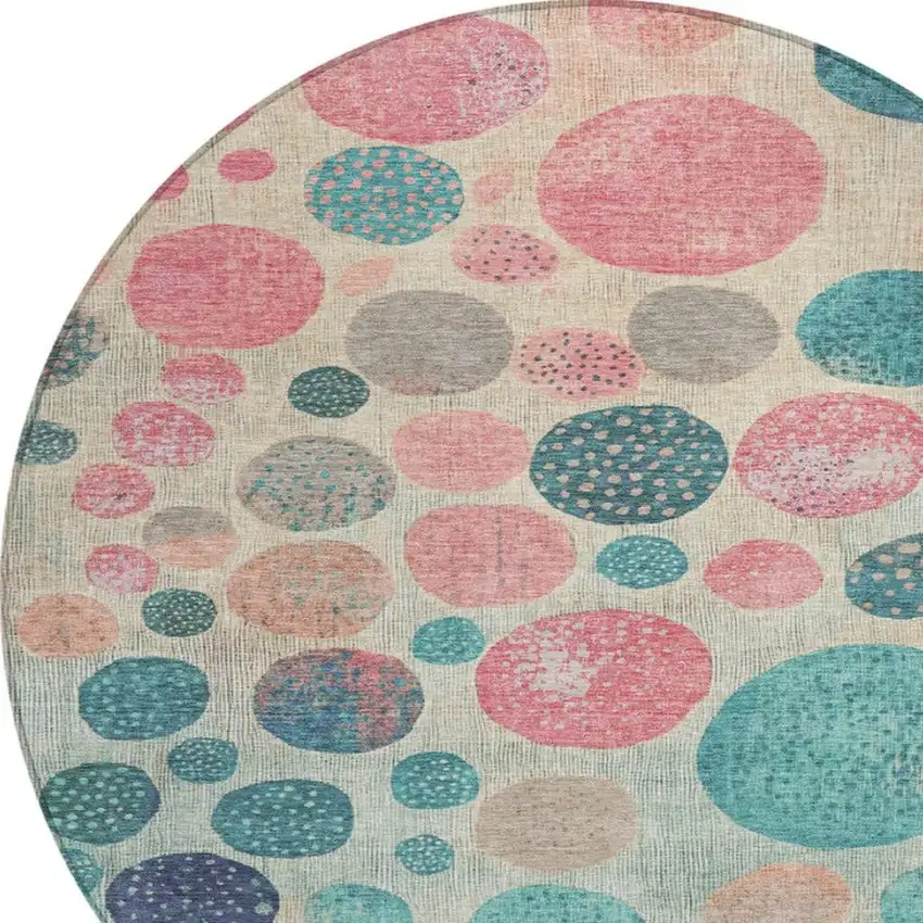 8' Teal Blue And Blush Round Geometric Washable Indoor Outdoor Area Rug Photo 7