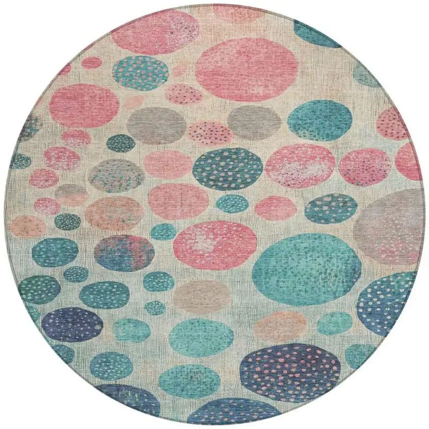8' Teal Blue And Blush Round Geometric Washable Indoor Outdoor Area Rug Photo 3