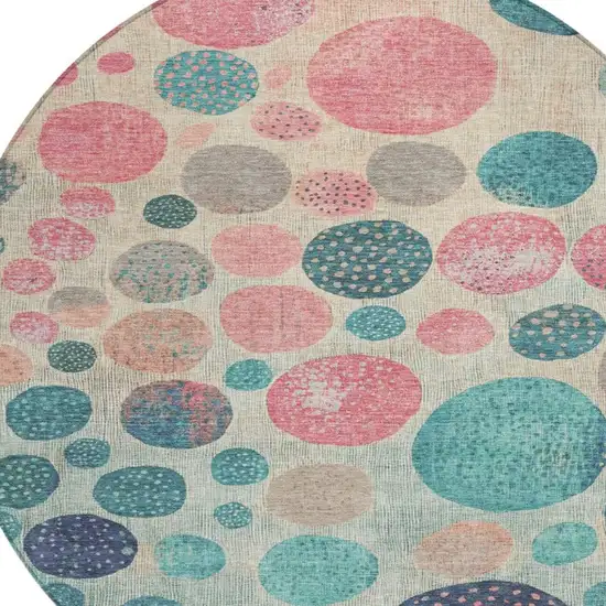8' Teal Blue And Blush Round Geometric Washable Indoor Outdoor Area Rug Photo 4