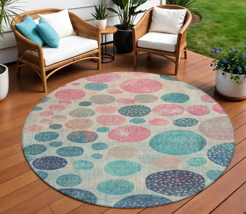 8' Teal Blue And Blush Round Geometric Washable Indoor Outdoor Area Rug Photo 2