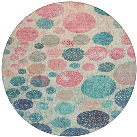 8' Teal Blue And Blush Round Geometric Washable Indoor Outdoor Area Rug Photo 1