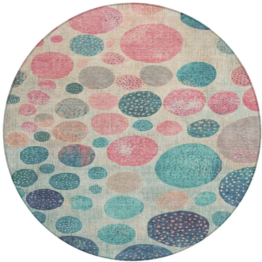 8' Teal Blue And Blush Round Geometric Washable Indoor Outdoor Area Rug Photo 1