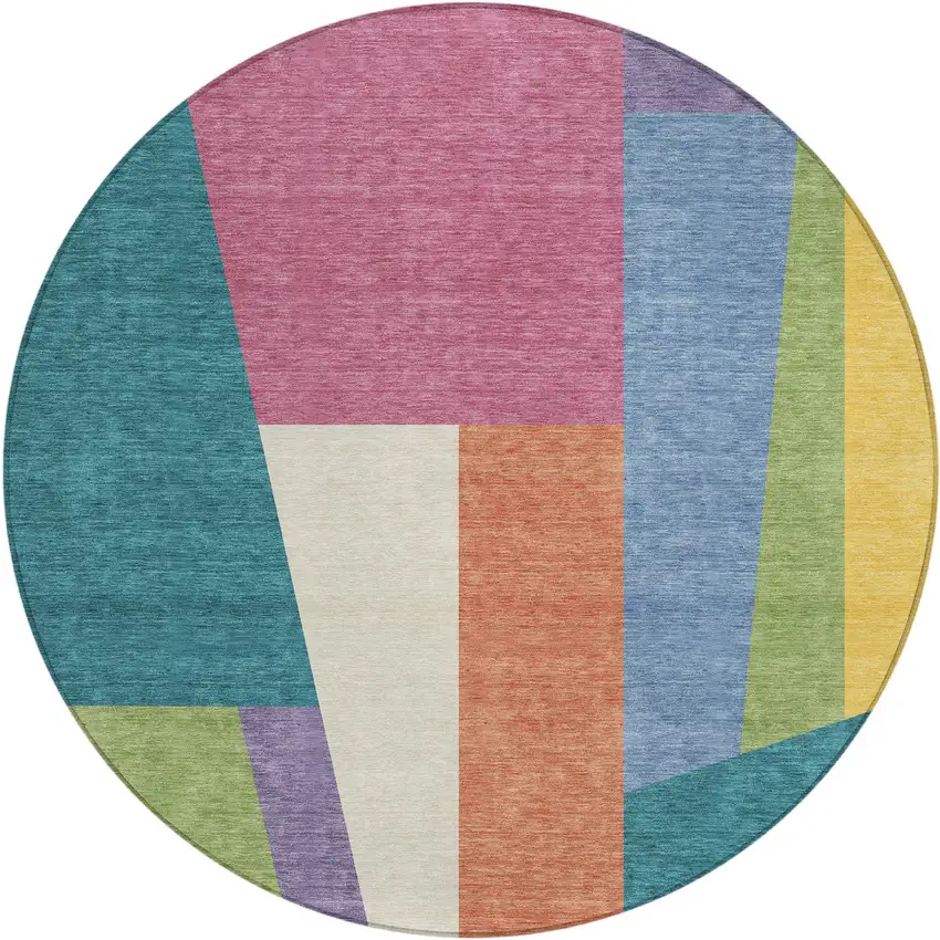 8' Teal Blue And Blush Round Geometric Washable Indoor Outdoor Area Rug Photo 1