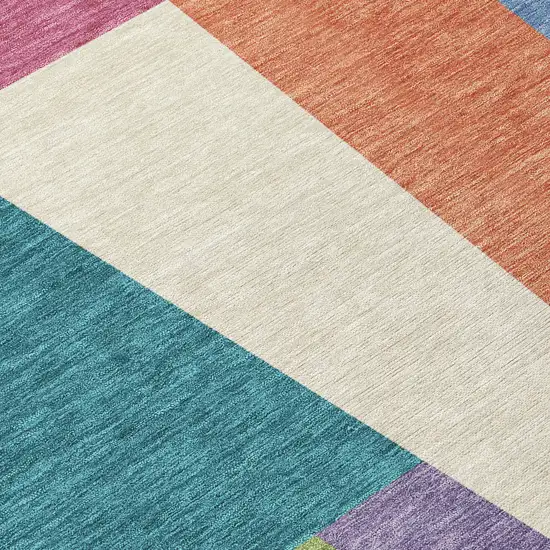 8' Teal Blue And Blush Round Geometric Washable Indoor Outdoor Area Rug Photo 7